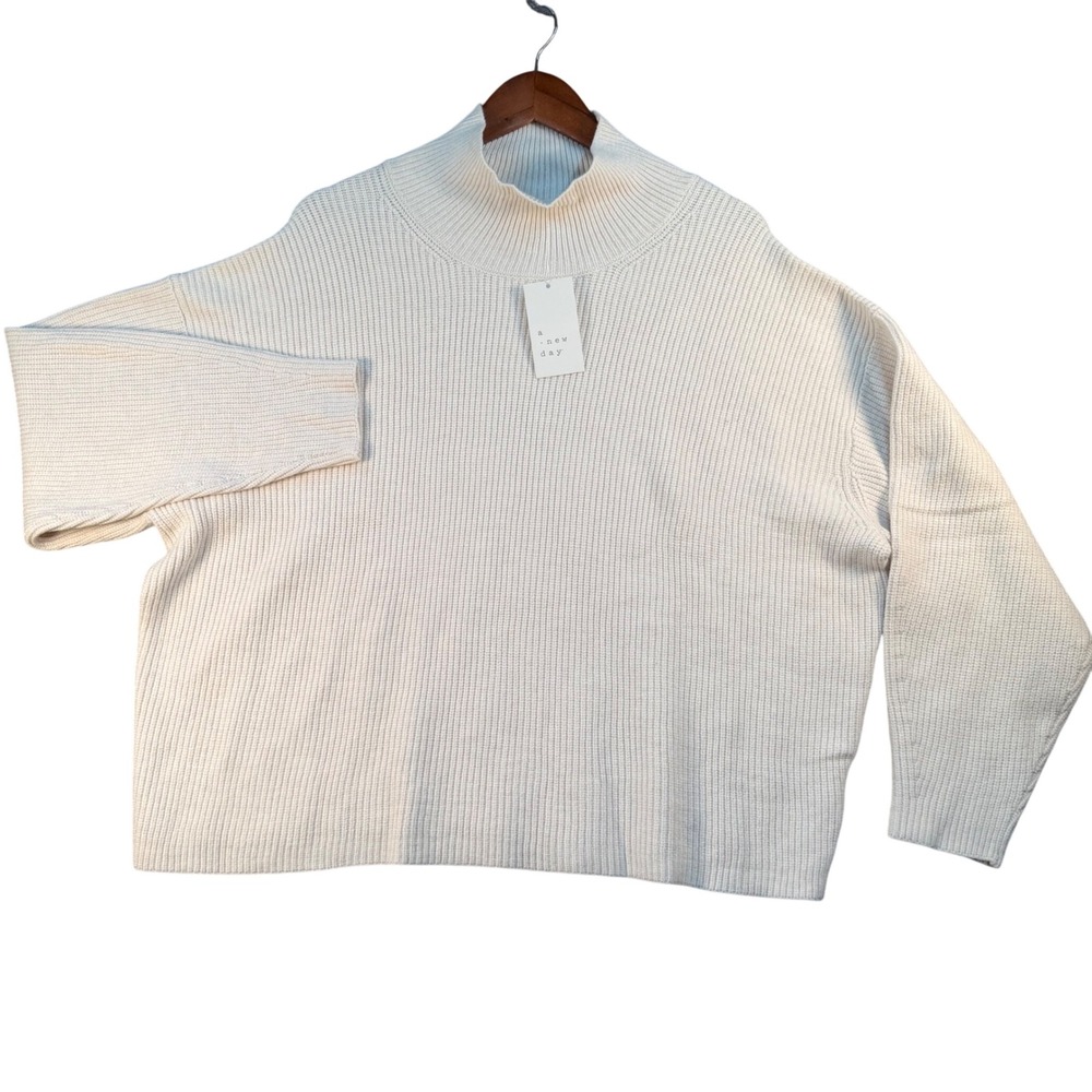 A New Day Womens Cream Ribbed Mock Neck Oversized Pullover Sweater 1X NWT